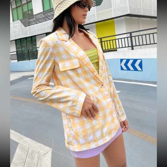 SHEIN Women's | Yellow & White Gigham Single-Breasted Blazer, sz m NWoT - Picture 2 of 16